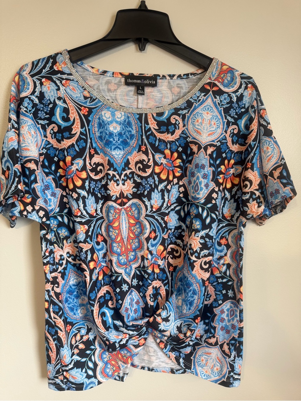 Thomas & Olivia Blue Coral Floral Rhinestone Twist-Front Short Sleeve Top size L